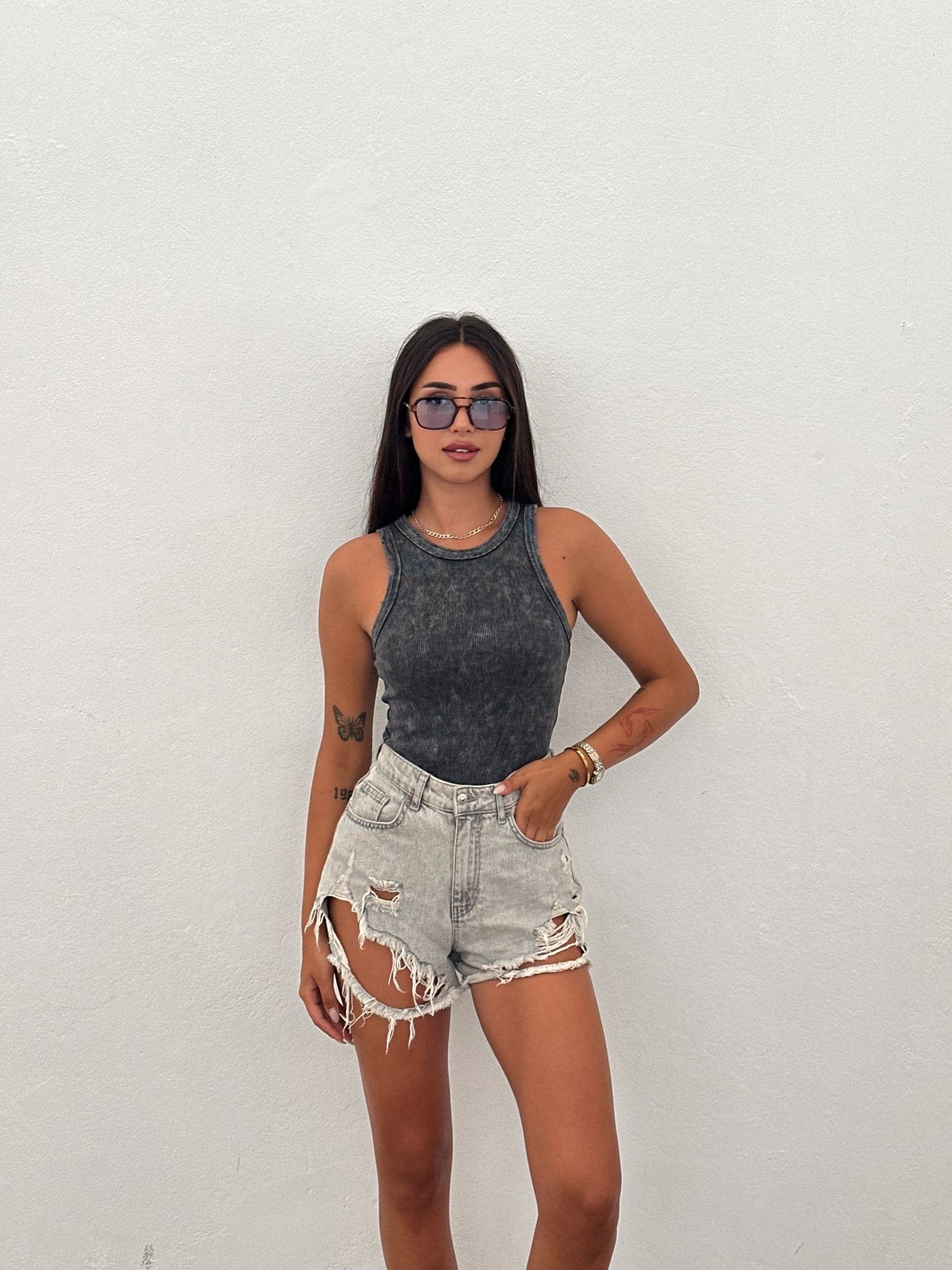 Berlin Distressed Mineral Wash Tank Top Dark Grey - My Store