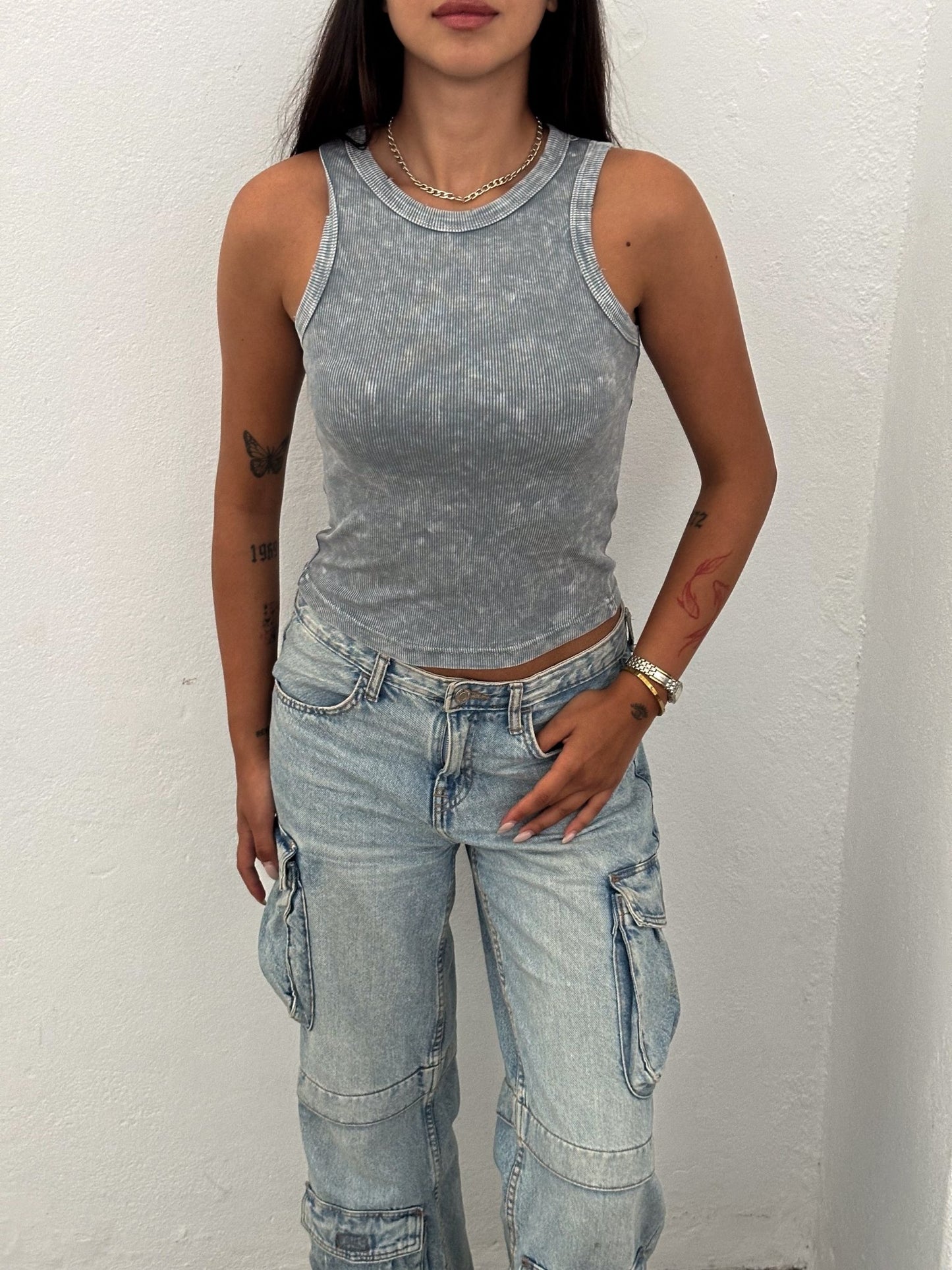 Berlin Distressed Mineral Wash Tank Top Grey - My Store