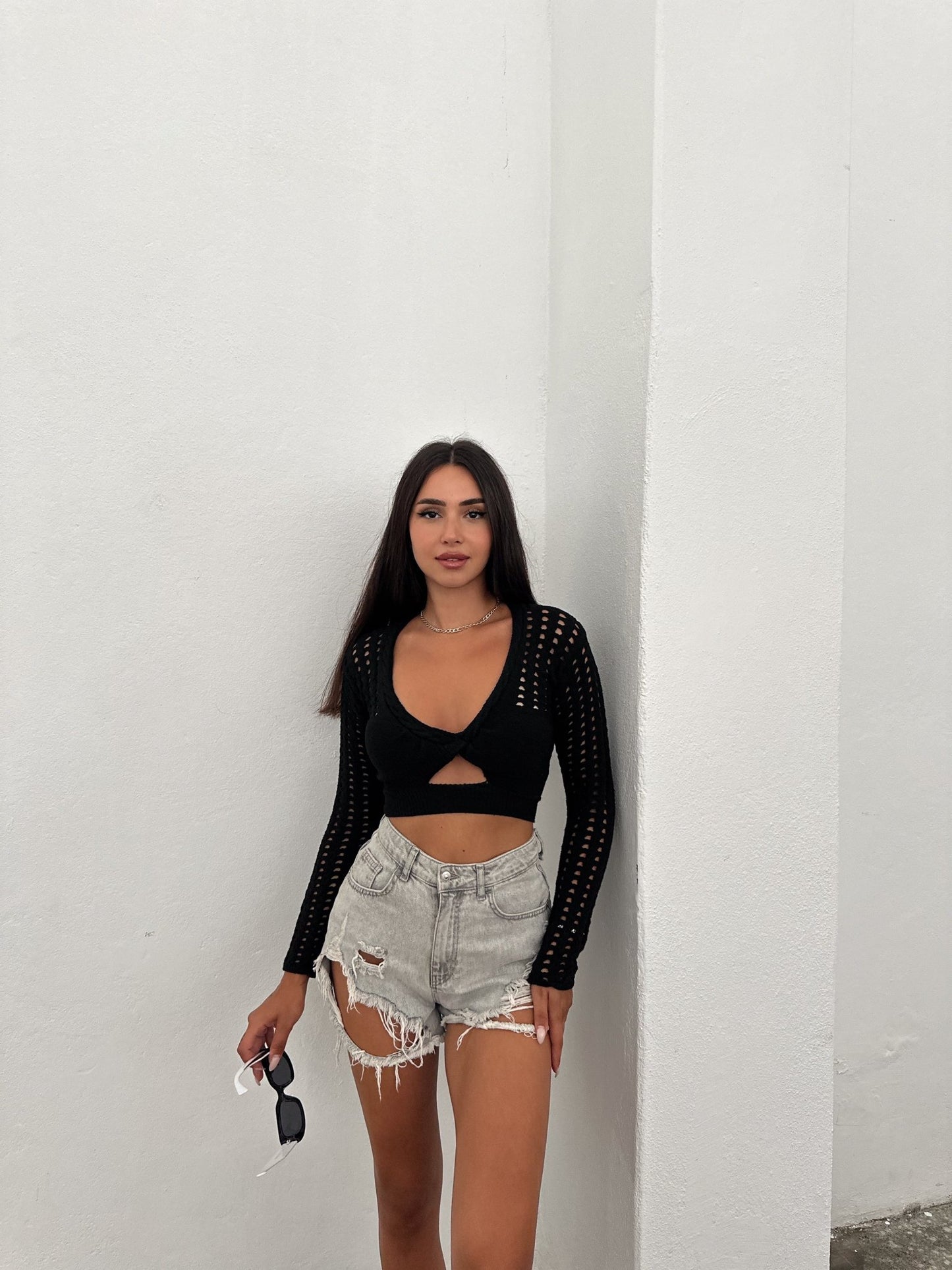 Carmen Knit Cropped Long Sleeve Black - My Store