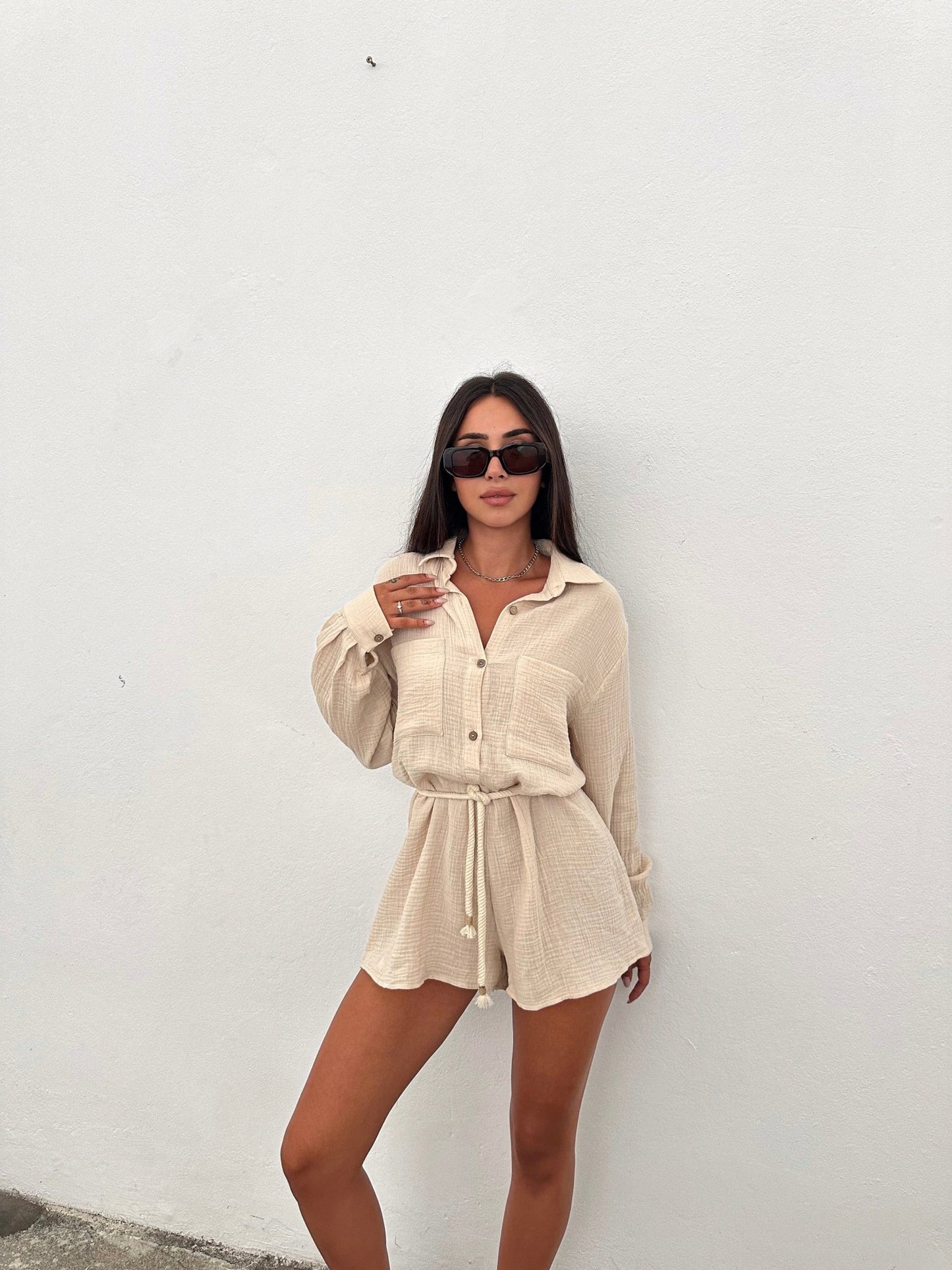 Goldie Muslin Romper Beige - My Store