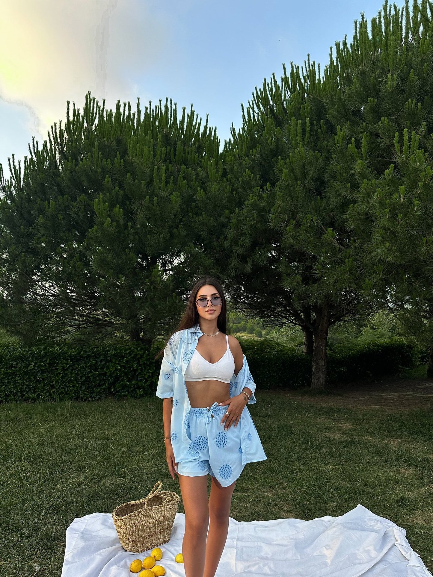 Sky Button Up Two Piece Set Blue - My Store