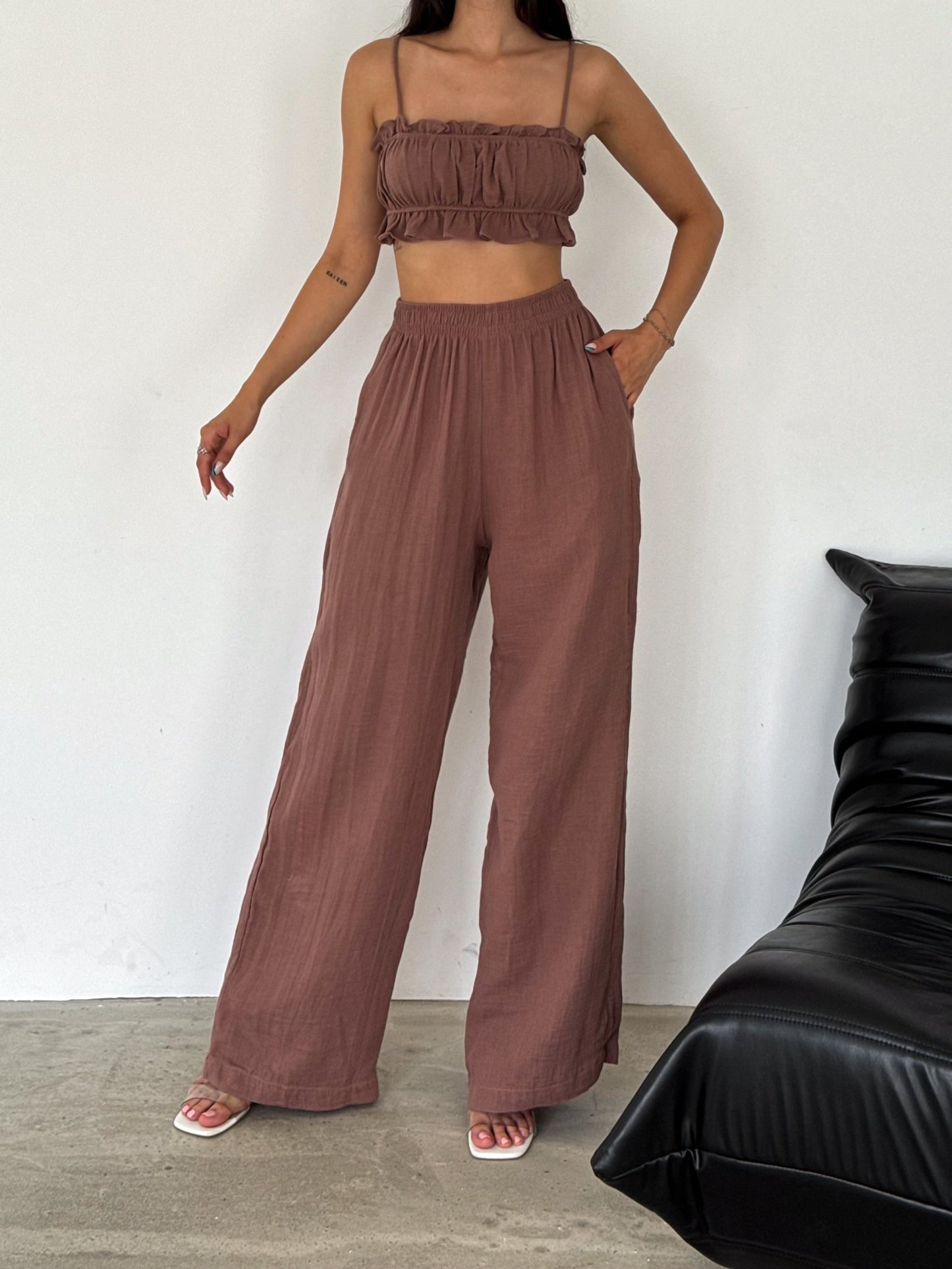 Vienna Muslin Ruffle Two Piece Pants Set Rust - My Store