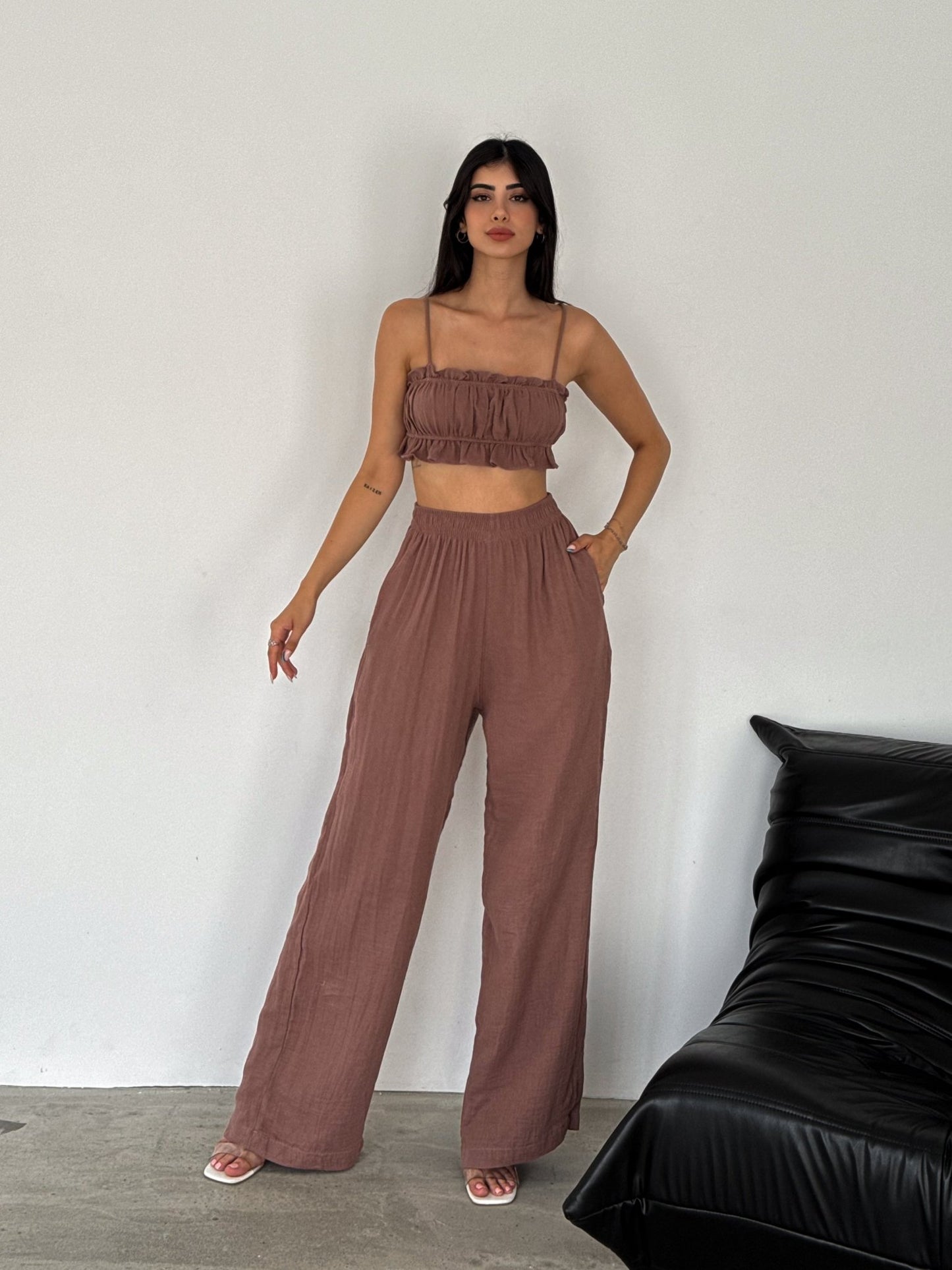 Vienna Muslin Ruffle Two Piece Pants Set Rust - My Store