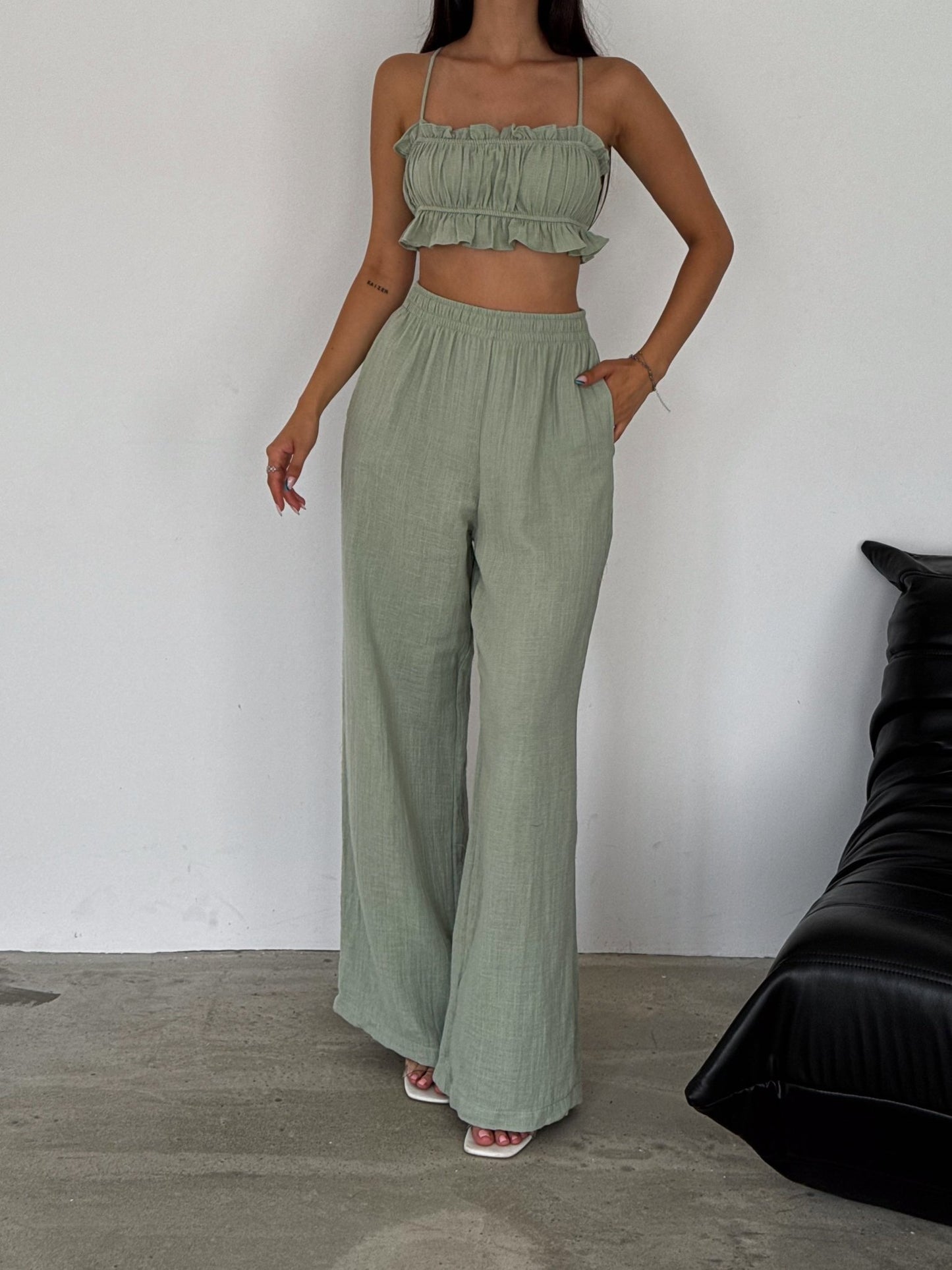 Vienna Muslin Ruffle Two Piece Pants Set Sage - My Store