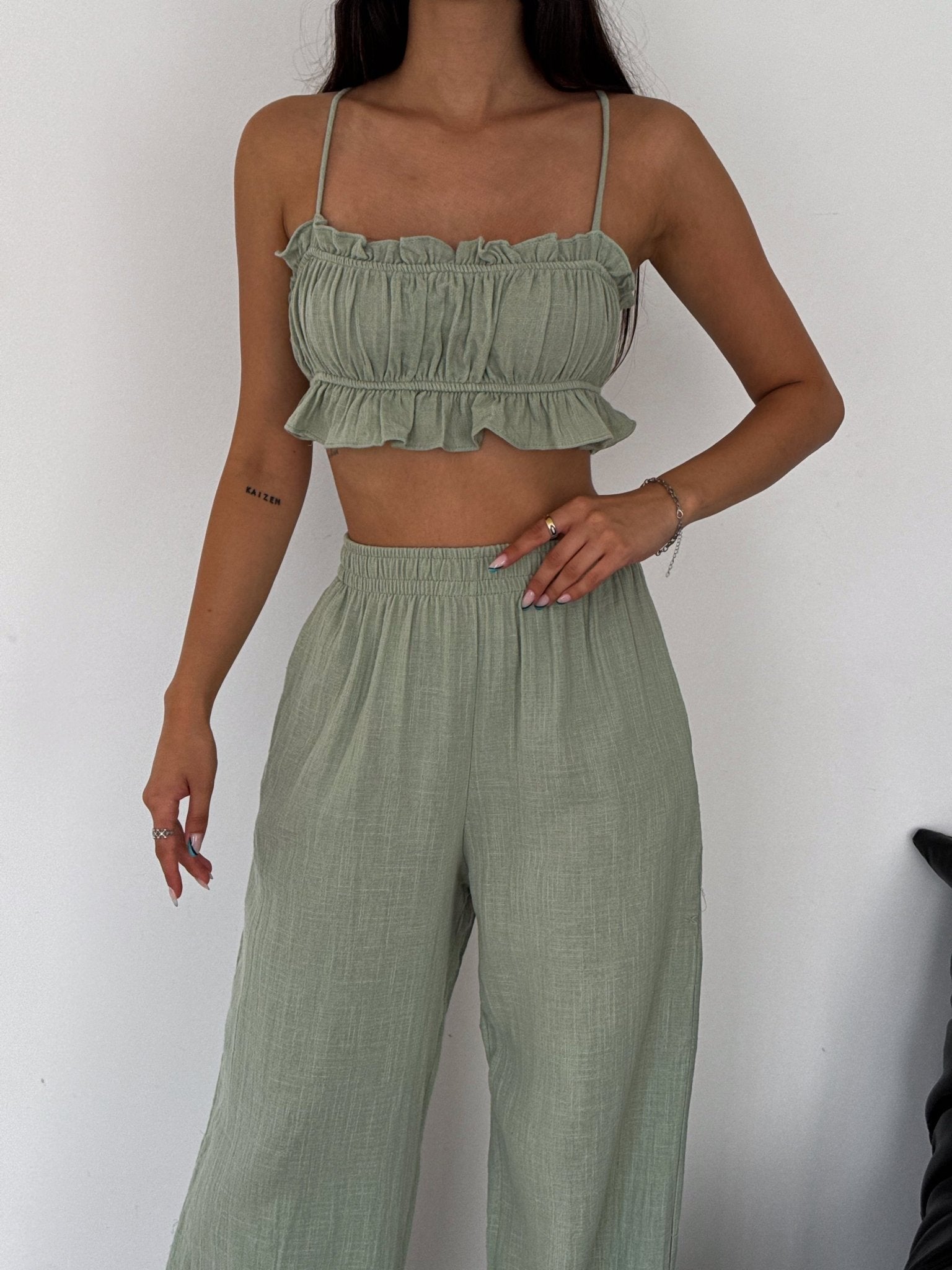 Vienna Muslin Ruffle Two Piece Pants Set Sage - My Store